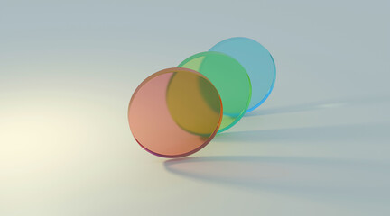 Aufkleber - 3D rendered illustration with glass cylinders in red, green and blue colors. A minimal abstract scene with geometrical forms on a light background.