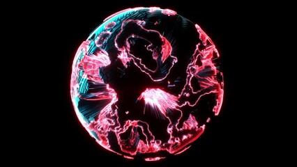 Wall Mural - 3d render video animation abstract damaged blue planet earth , moon or asteroid in spherical shape with big holes in organic rough pattern on surface in outer space with pink magma plasma core inside