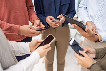 Aufkleber - Business people, hands and phone in networking for global communication, social media or mobile app at the office. Hand of group in digital marketing holding smartphone on advertising mockup screen
