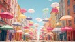 AI generated illustration of a vibrant street scene with an array of floating colorful umbrellas