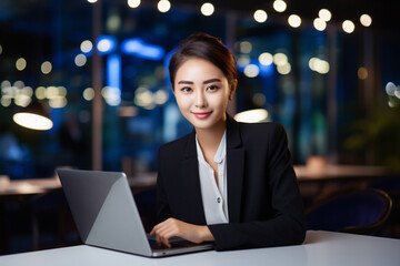 A cheerful young woman diligently typing on her laptop in a contemporary office at night, surrounded by a shimmering sea of bokeh lights. Generative AI.