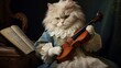 3D ironic portrait, Musician cat, Violinist, Violin, Playing, Baroque, 1700. KITTY THE VIOLINIST. A cat posing with his violin in 1700s Baroque style. Ruffled collar, white and blue attire.