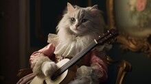 3D Ironic Portrait, Musician Cat, Guitarist, Guitar, Playing, Kitten, 1700. FELINE SERENADE. A Graceful Guitarist Cat Posing With His Guitar In 1700s Baroque Style. Ruffled Collar, Pink Attire.