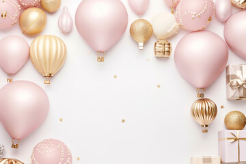Wall Mural - Christmas flat lay with vintage gold and pink baubles
