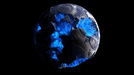 Wall Mural - 3d render video animation of abstract damaged 3d planet earth , moon or asteroid in spherical shape with big holes in organic rough patter on surface in outer space with neon blue plasma core inside