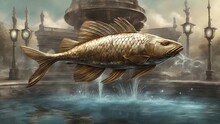 Fish Out Of The Water  Metal Crucian Carp Fish Jumping In A Pond, With A Fountain