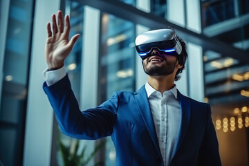 Professional excited office worker in blue suit standing outside alone and using VR glasses to visualize projects, holding something in virtual reality with his hands, building in background