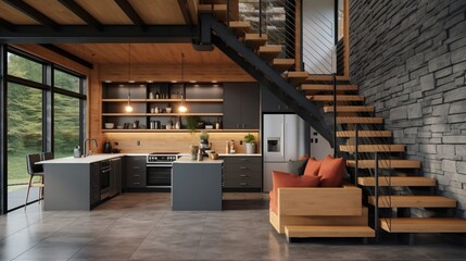 Sticker - Modern open concept home interior kitchen with floating stairs and grey slate floors beamed ceiling and wood cabinets 8k,