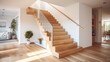 Modern residential wooden stairs. Wood staircase inside contemporary white modern house. 8k,