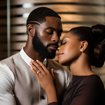 black man with a beard. Getting a facial from a black woman in a relaxing spa. Have the woman’s hands touching the man’s face and beard. 