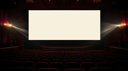 Wall Mural - Empty movie theatre. Cinema hall with light screen and chairs.