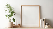 Small Vertical Wooden Frame Mockup In Scandi Style Interior With Trailing Green Plant In Pot, Pile Of Books And Shelf On Empty Neutral White Wall Background. A4, A3 Format. 3d Rendering