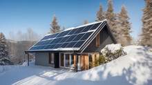 Solar Panels Covered By Snow. Photovoltaic Electricity Installation On The House Roof During Winter Season On A Sunny Day. Alternative Energy Home Production In Cold Weather.