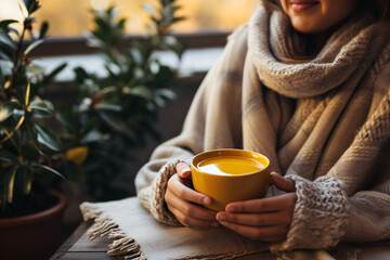 Wall Mural - Hands holding a cup of tea indoors