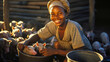 African farmer woman feeding pigs in clean pigsty.