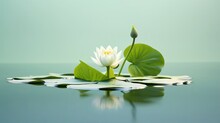 Serene White Water Lily In Full Bloom On A Calm Blue Green Pond With Large Green Leaves Reflecting In The Water