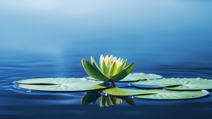 Wall Mural - Serene Yellow Water Lily in Full Bloom on Tranquil Blue Pond