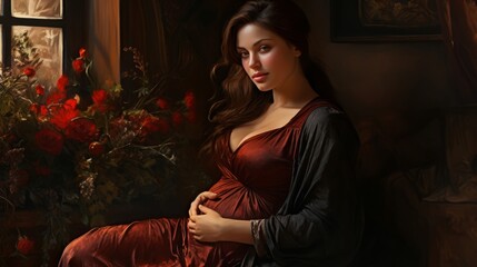 Wall Mural - pregnant woman near the window in a red dress ai generated image