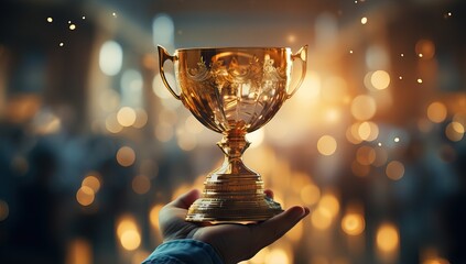 close up of hand holding golden trophy cup with bokeh background