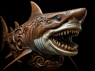 Poster - A Detailed Wood Carving of a Shark