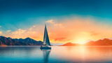 Fototapeta  - A sailing boat cruising in the open waters, with an island nearby and distant mountains visible on the horizon, during the tranquil moments of a sunset. Generative AI