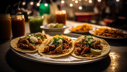 three tacos sitting on a table with sauces and sauce