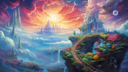 Wall Mural - Majestic landscape with towering spires, ethereal clouds, vibrant flora, waterfall cascading Fantasy realms and worlds beyond.