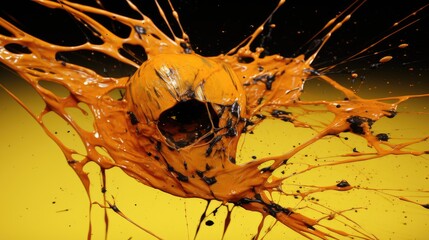 Poster -  a yellow liquid splashing on top of a black and yellow object in the middle of a black and yellow background.  generative ai