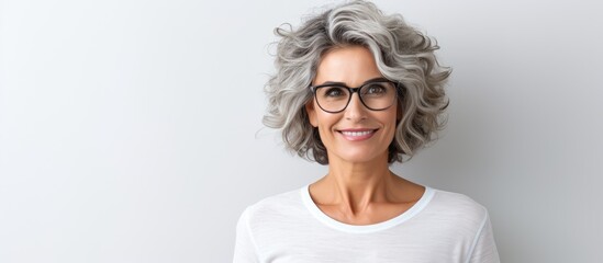 Poster - A lovely woman with glasses who looks wise and experienced is happily using a tablet computer gazing into the camera and grinning against a backdrop of gray