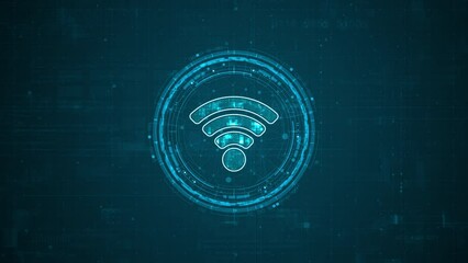 Poster - Motion graphic of Blue digital WIFI logo and circle futuristic HUD elements with flowing arrows with data transfer and Wireless Fidelity connection concepts on abstract background