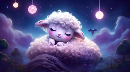 Wall Mural - Adorable lamb with curly fur lies comfortably on cloud, surrounded by glowing fireflies. Fantasy art and illustration.