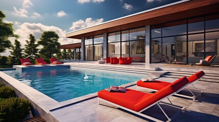 Wall Mural - Swimming pool in back of luxury home with red lounge chairs. 8k,