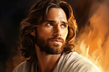 Jesus Christ In A Drawing Style In Warm Colors. Religious Concept With Selective Focus And Copy Space