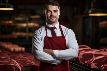 Wall Mural - The man is a professional butcher. Profession concept. Portrait with selective focus and copy space