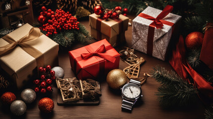 Canvas Print - Festive scene with a glittering gift box adorned with a red ribbon, a gleaming red Christmas bauble, pinecones, and spruce branches, all set against a backdrop of warm, glowing bokeh lights.