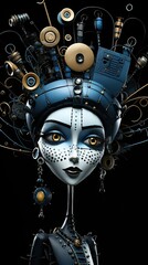 Poster -  a digital painting of a woman's face with a clock and gears on her head and a clock on her head.  generative ai