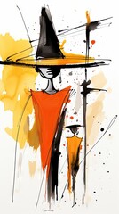 Poster -  a painting of a woman with a hat on her head and an orange shirt on her body and a black hat on her head.  generative ai