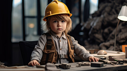 Wall Mural - A little boy pretending to be a mechanic. The concept of children in adulthood.