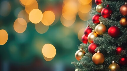 Poster -  a close up of a christmas tree decorated with red, gold, and green ornaments and lights in the background.  generative ai