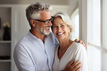 An elderly couple in their 60s hugs lovingly at home, showing th