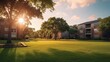 View from grassy backyard of a typical apartment complex building Sunset with warm light. Panorama style. 8k,