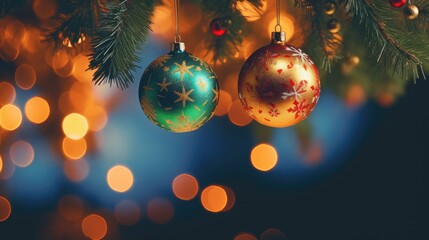 Canvas Print -  three ornaments hanging from a christmas tree with blurry lights in the backgrounnd of the image in the backgrounnd.  generative ai