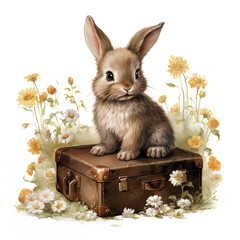 Wall Mural - rabbit with the flowers and suitcase