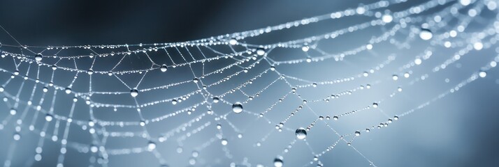 dew-kissed spider web glistening against blue background, showcasing nature's intricate artistry.