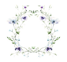 Watercolor Painted Floral Symmetric Frame On White Background. Violet, Blue Wild Flowers, Green Branches, Leaves.