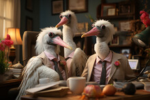 Four Birds In Suits At A Meeting Indoors