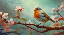 Robin Bird On Branch With Flovers