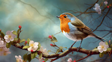 Robin Bird On Branch With Flovers