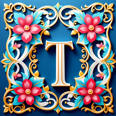 Wall Mural - Letter T with vintage floral border