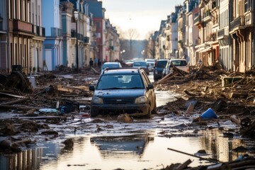 Naklejka na meble Large destruction of cities as a result of the tsunami. Destruction of a big city after natural disasters. Living quarters were destroyed.
